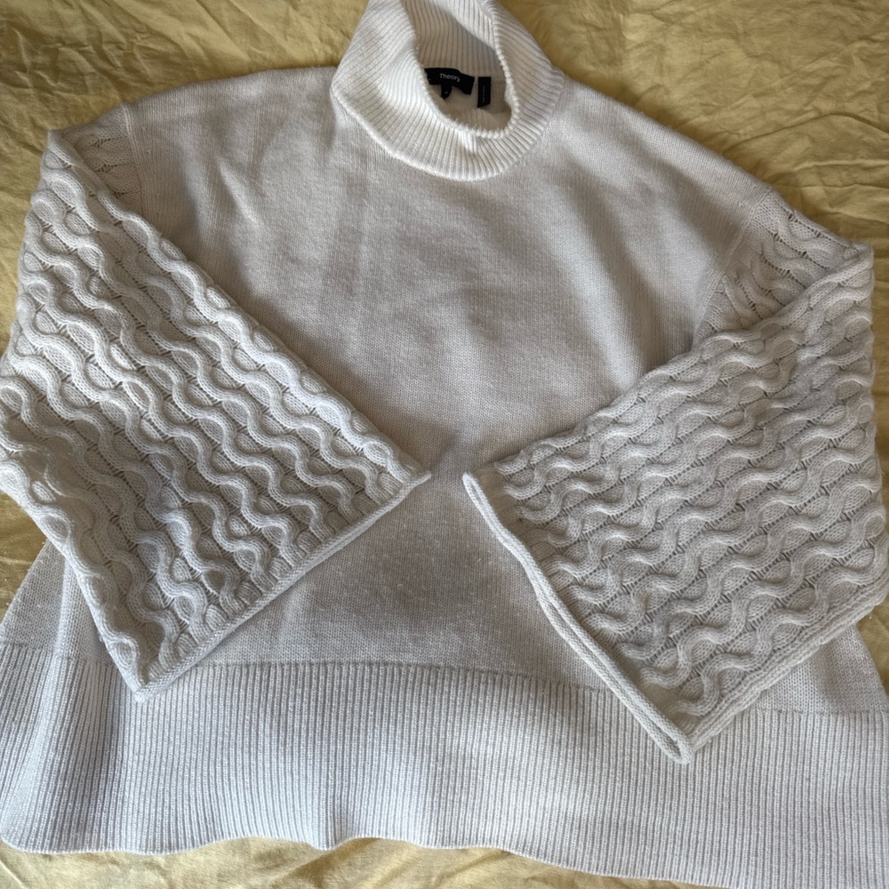 Theory 100% Cashmere Textured Sleeve Turtleneck Sweater – Ivory, Women’s M - Picture 6 of 10